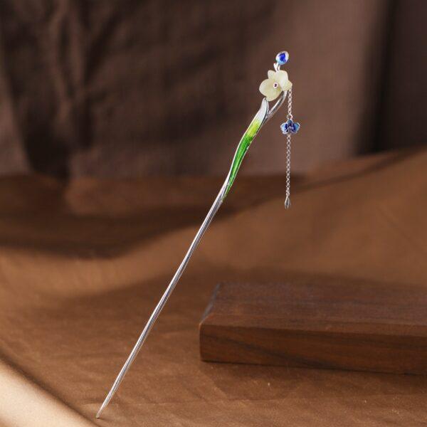 Nephrite jade orchid flower s925 sterling silver cloisonne tassel hairpin, hair stick