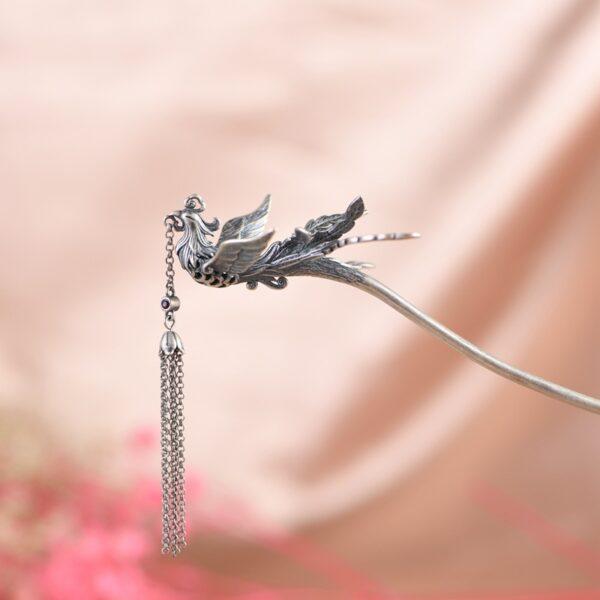 fine phoenix shape s925 sterling silver tassel hairpin