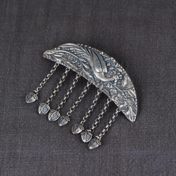 retro peacock pattern moon shape s925 sterling silver tassel hair clip