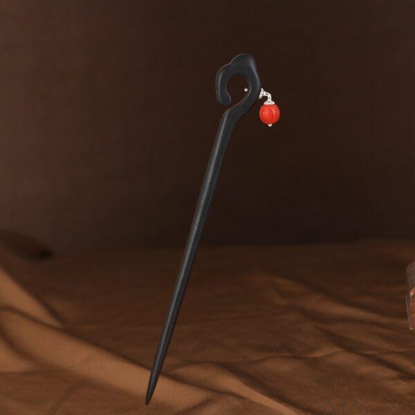 福 pattern round cinnabar bead black sandalwood hairpin, hair stick