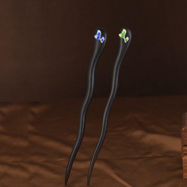 s925 sterling silver enamel leaves black sandalwood hairpin, hair stick