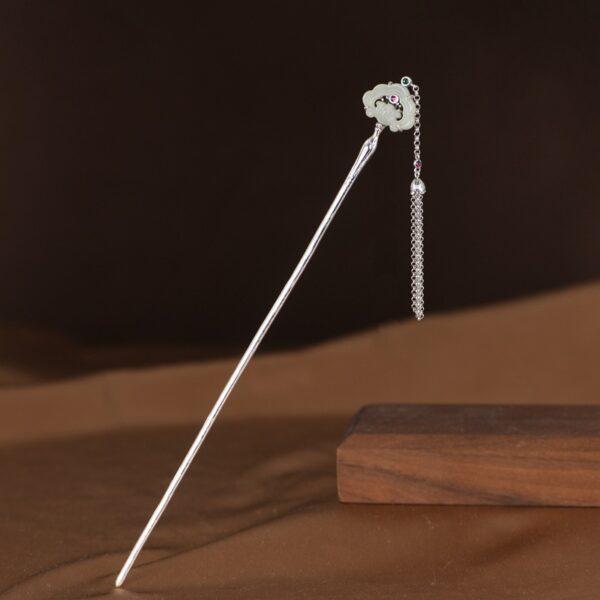 Nephrite jade flower s925 sterling silver tassel hairpin, hair stick