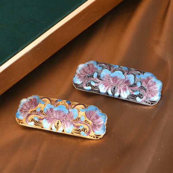 cloisonne peony flower shape s925 sterling silver hair clip