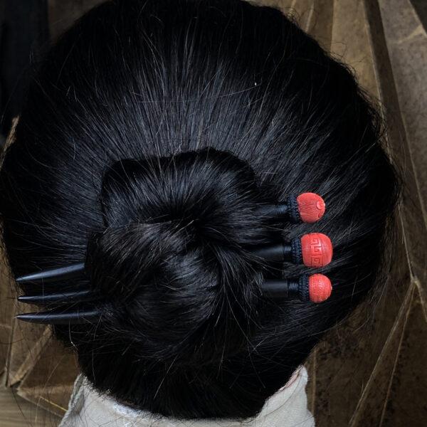 nice flower pattern round cinnabar bead wood hairpin, hair stick