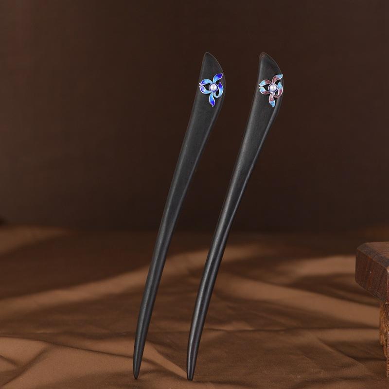 s925 sterling silver enamel orchid flower black sandalwood hairpin, hair stick