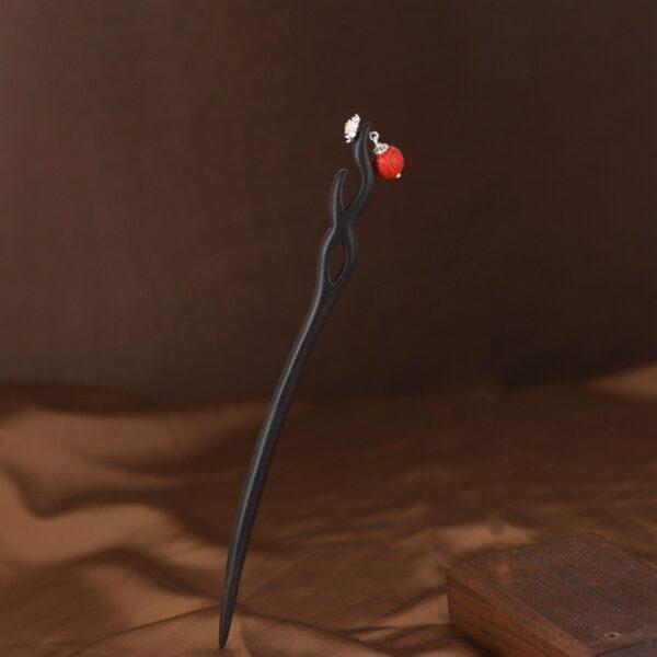 s925 sterling silver disy flower black sandalwood cinnabar bead hairpin, hair stick