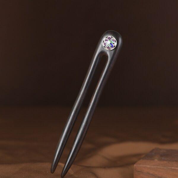 s925 sterling silver enamel flower wood hairpin, two prong hair fork