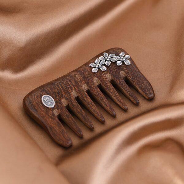 s925 sterling silver flower shape wood massage comb, hair comb