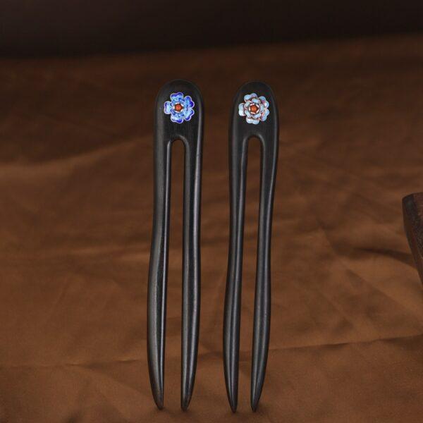 s925 sterling silver enamel peony flower wood hairpin, two prong hair fork