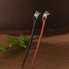 s925 sterling silver nephrite flower enamel leaves wood hairpin, hair stick