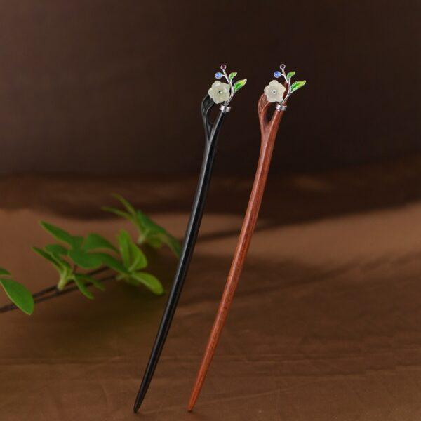 s925 sterling silver nephrite flower enamel leaves wood hairpin, hair stick