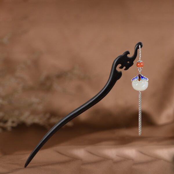 s925 sterling silver nephrite ruyi flower enamel bat tassel wood hairpin, hair stick