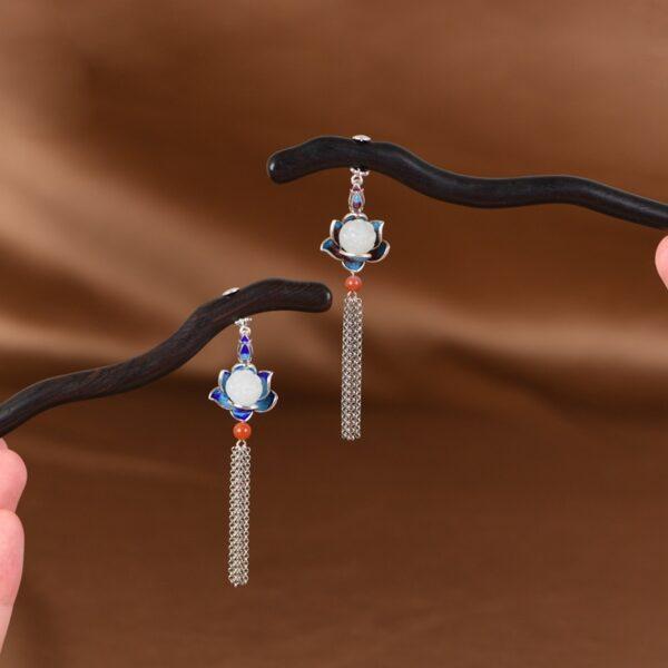 s925 sterling silver nephrite lotus flower enamel tassel wood hairpin, hair stick