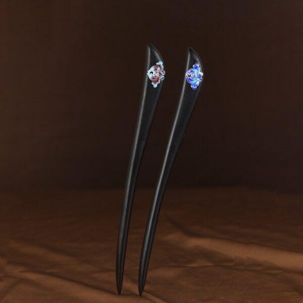 s925 sterling silver enamel flower black sandalwood hairpin, hair stick