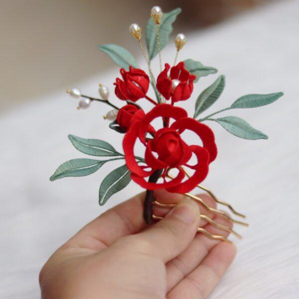 nice hollow red silk flowers multi pronged hairpin, hair fork