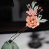 nice hollow pink silk flowers two pronged hairpin, hair fork