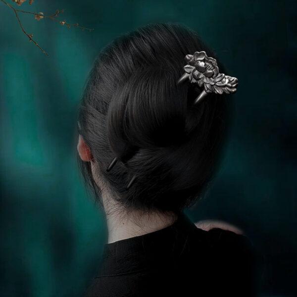 fine peony flower shape two pronged wood hairpin, hair fork