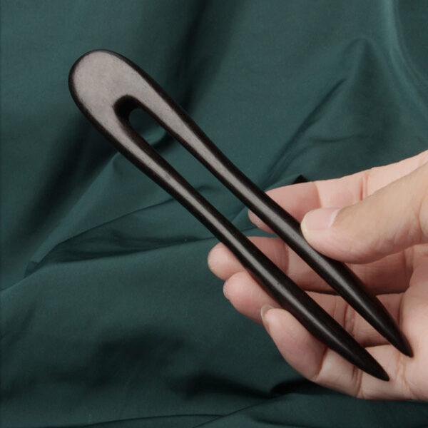 simple smooth two pronged black sandalwood hairpin, wood hair fork