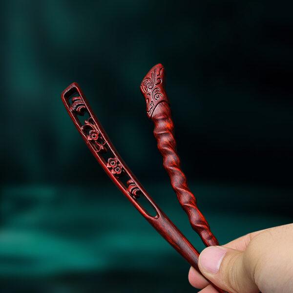 fine hollow flower shape and retro pattern red sandalwood hairpin, wood hair stick