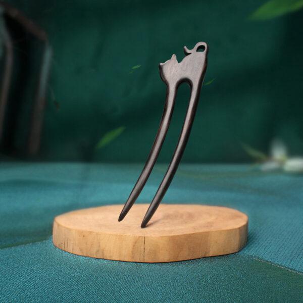 cute cat shape two pronged Black Sandalwood hairpin, wood hair fork