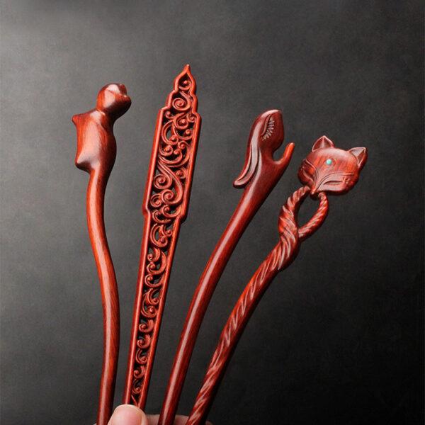 fine hollow flower and animal shape red sandalwood hairpin, wood hair stick