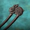 retro flower pattern rabbit shape two pronged Black Sandalwood hairpin, wood hair fork