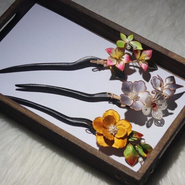 nice colorful velvet flowers wood hairpin, hair stick