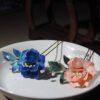 nice blue and pink velvet peony flower two pronged hairpin, hair fork