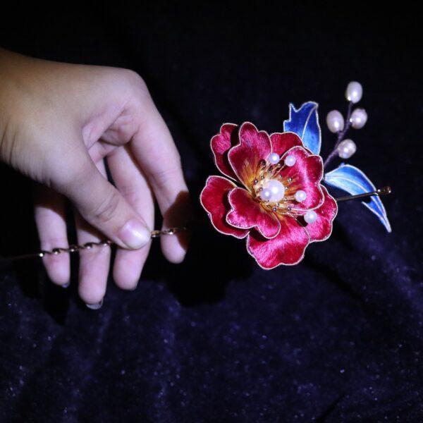 nice red velvet peony flower hairpin, hair stick