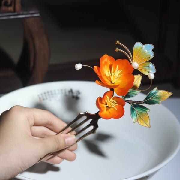 nice red velvet peony flower shape multi pronged hairpin, hair fork