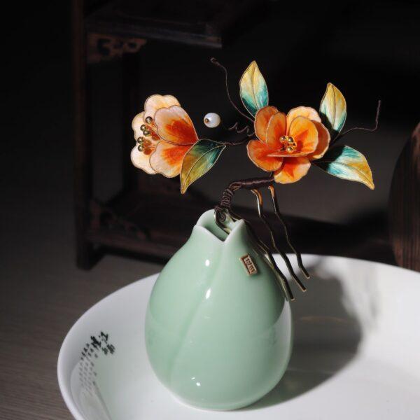 nice orange velvet peony flower shape multi pronged hairpin, hair fork