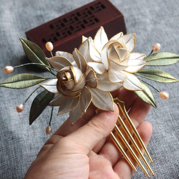 nice hollow silk flowers multi pronged hairpin, hair fork