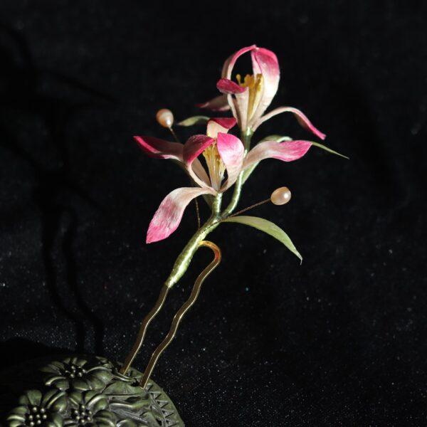 nice velvet orchid flowers shape two pronged hairpin, hair fork