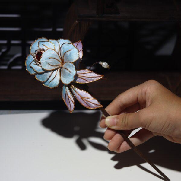 nice blue velvet peony flower shape hairpin, hair stick