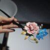 nice pink velvet peony flower shape wood hairpin, hair stick