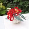 nice red flowers shape two prong silk hairpin, hair fork