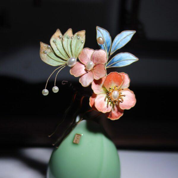 nice pink velvet peony flowers and butterfly shape multi pronged hairpin, hair fork