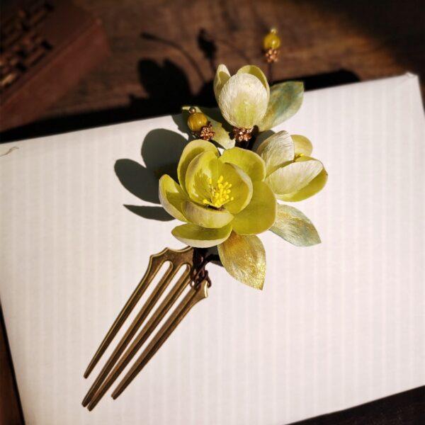 nice yellow velvet Magnolia flowers shape multi pronged hairpin, hair fork