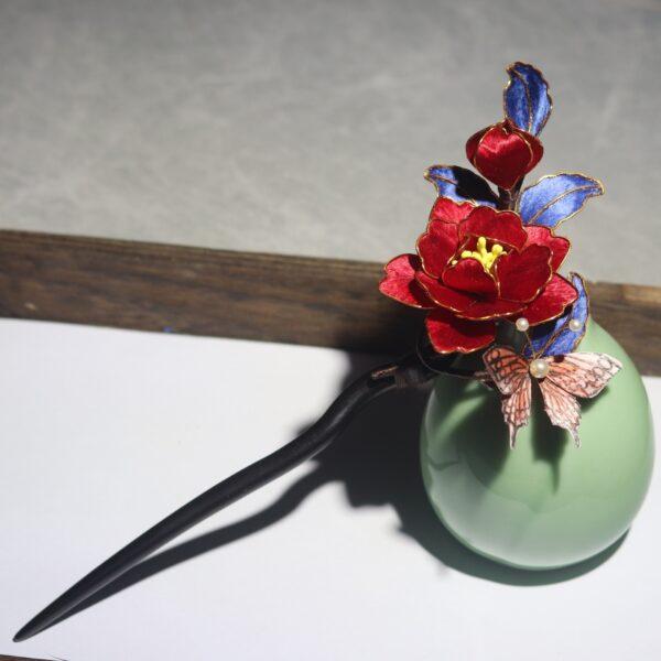 nice red velvet peony flowers and butterfly shape wood hairpin, hair stick