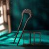 fine flower pattern two prong black sandalwood hairpin, wood hair fork