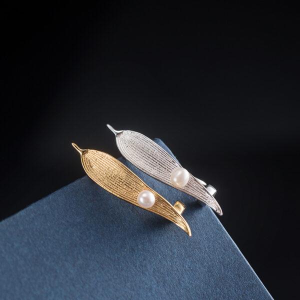 simple pearl on leaf shape s925 sterling silver brooch