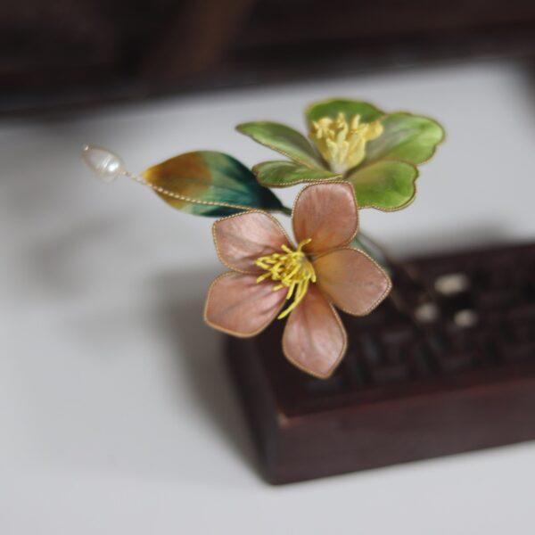 nice pink and green velvet flower shape two pronged hairpin, hair fork