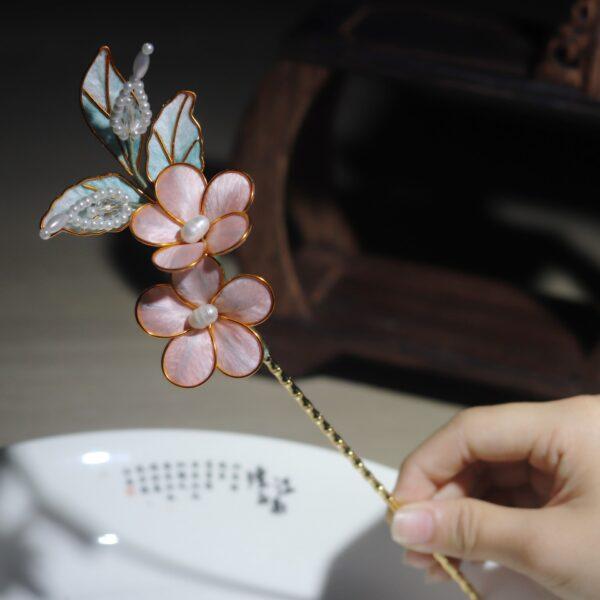 nice pink velvet flower shape hairpin, copper hair stick