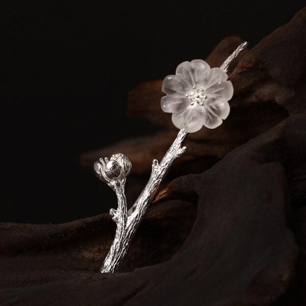 nice clear quartz flower branch shape s925 sterling silver brooch