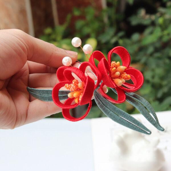 nice red flowers shape two prong silk hairpin, hair fork - Image 2