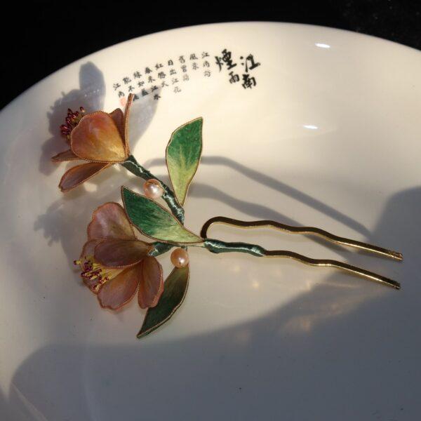 nice pink velvet  flowers shape two pronged hairpin, hair fork - Image 3