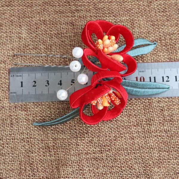 nice red flowers shape two prong silk hairpin, hair fork - Image 3