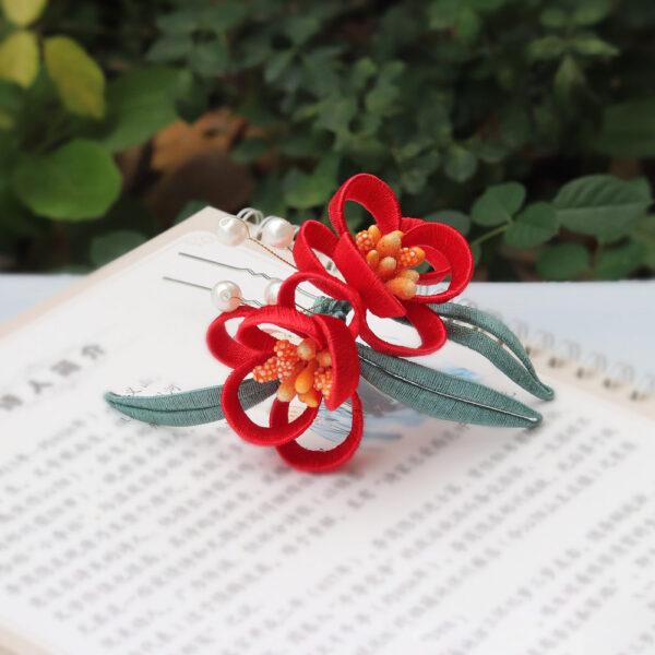 nice red flowers shape two prong silk hairpin, hair fork - Image 4