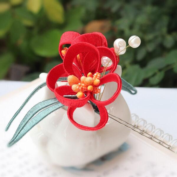 nice red flowers shape two prong silk hairpin, hair fork - Image 5