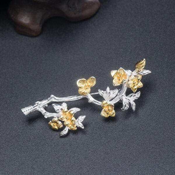 nice golden peach flower branch shape s925 sterling silver brooch, silver pin